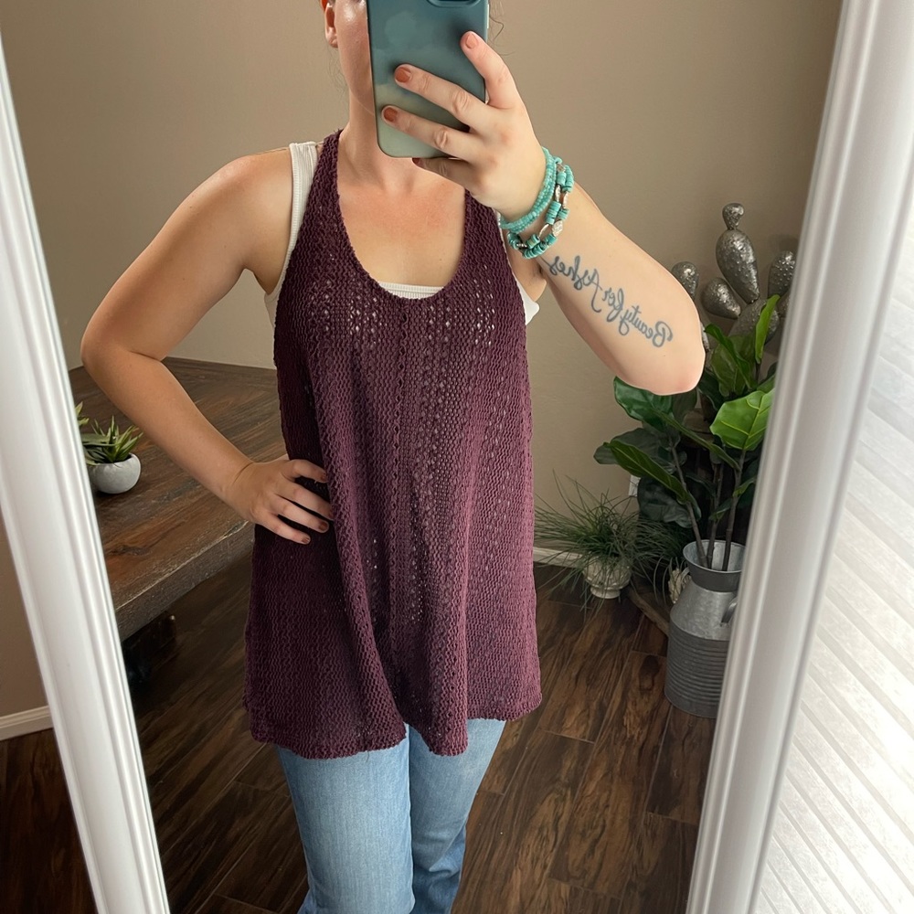 Free People Beach Dark Purple Wine cable knit tank top halter tunic XS coverup